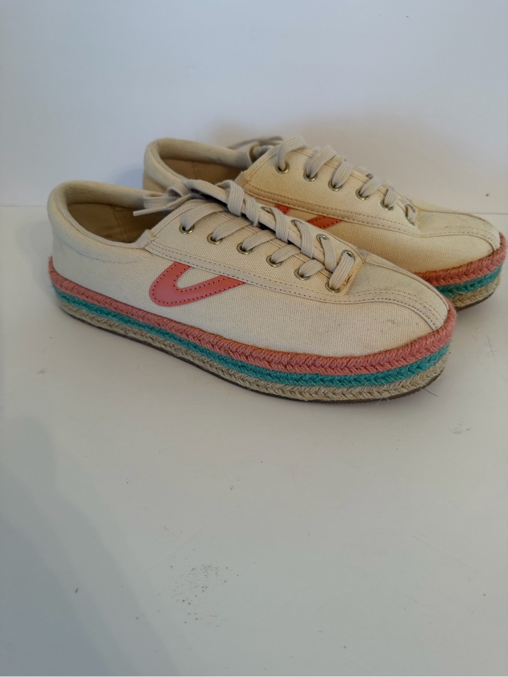 Tretorn White Canvas Platform Sneakers with Pink and Teal Accents